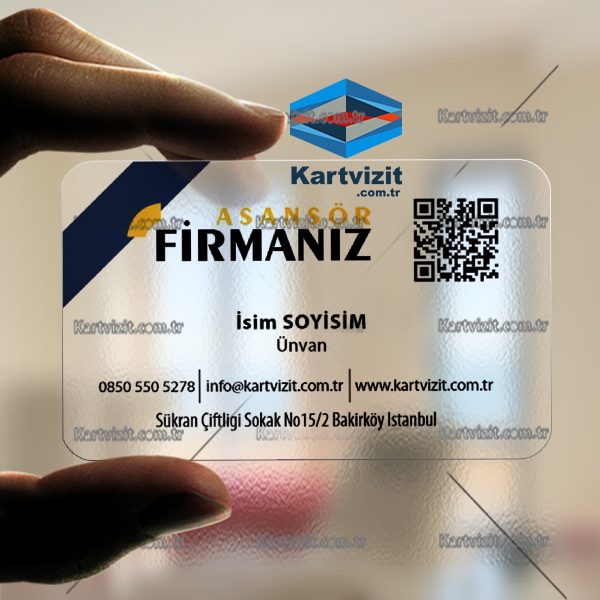 Şeffaf QR Kodlu Lacivert Asansör Kartviziti 