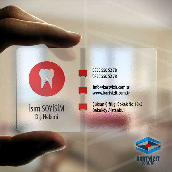 Şeffaf Kartvizit Diş Hekimi Kırmızı Desen