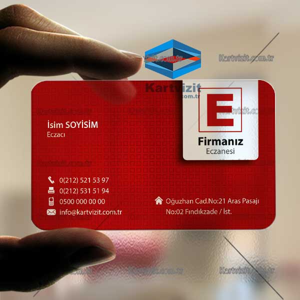 Eczane Kartvizit Şeffaf Kırmızı Zemin