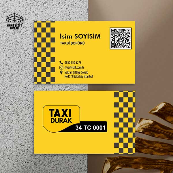 Sarı Zeminli QR Kodlu ve Dikey Damalı Şeritli Taksi Kartvizit