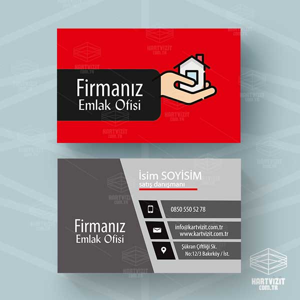 kırmızı Zeminli Gri Emlak Kartvizit 