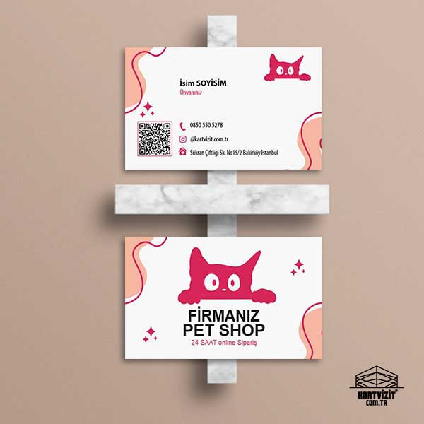 Sevimli Kedi Figürlü Pembe Pet Shop Kartvizit